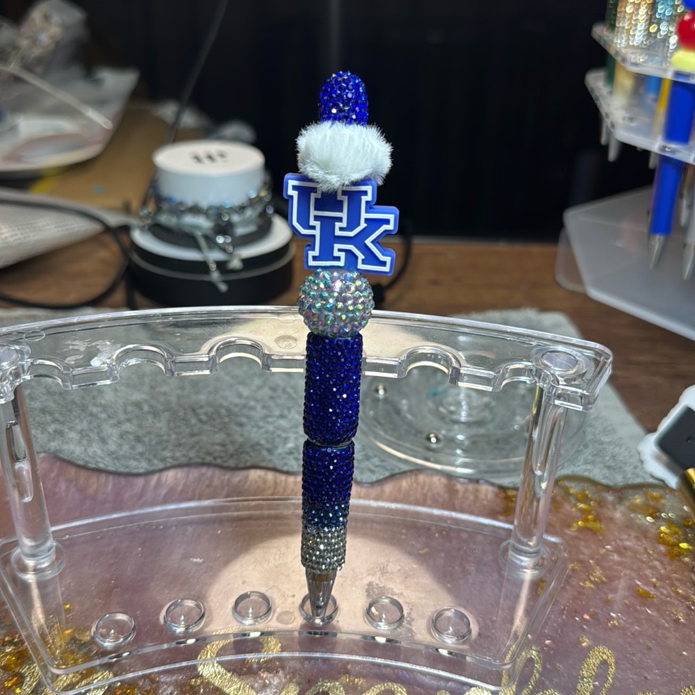 Handmade Blue and Silver Beaded Pen with Pom Pom